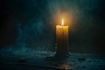 A single candle flame flickering against the darkness, casting an ethereal...
