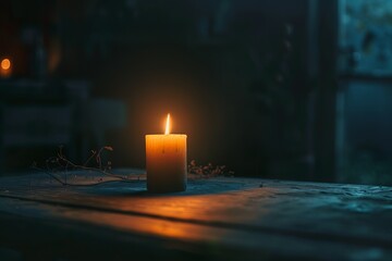 A single candle flame flickering against the darkness, casting an ethereal...