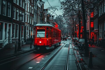 Fototapeta premium Red tram driving through city center in amsterdam netherlands at dusk