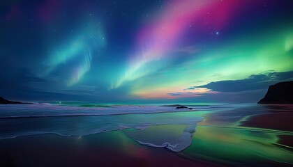 The Aurora Borealis reflecting over a beach during the evening hours. AI Generated image