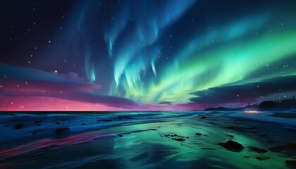 The Aurora Borealis reflecting over a beach during the evening hours. AI Generated image
