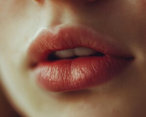 Obraz premium Close-up of a woman's lips, showcasing a natural and soft look with subtle texture and color, perfect for beauty and fashion themes.