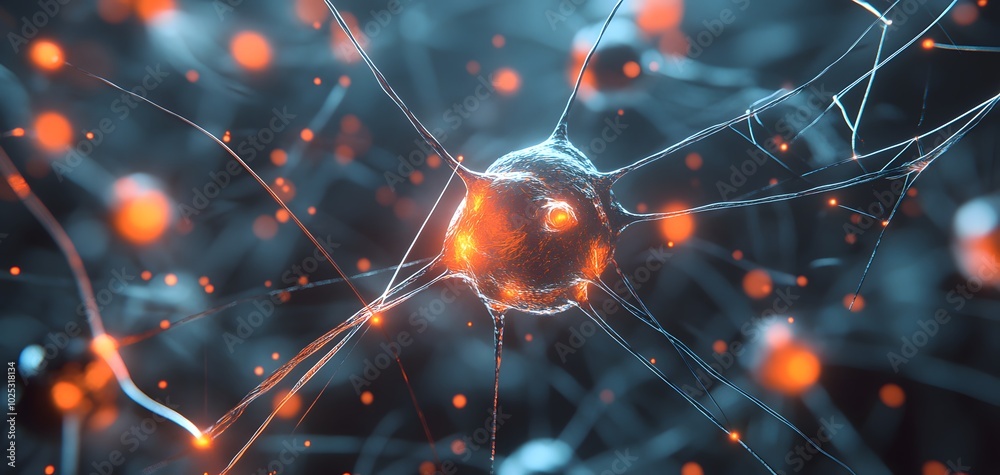 Poster close-up view of a neuron with glowing connections, representing the intricate network of the nervou