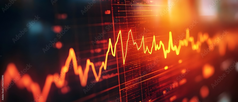 Poster dynamic graph with vibrant orange lines representing data trends and fluctuations in a digital envir