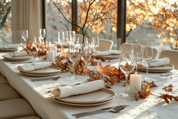 Fototapeta premium Minimalist Thanksgiving Table Setting: Soft Off-White Linen Napkins and Beige Ceramic Plates