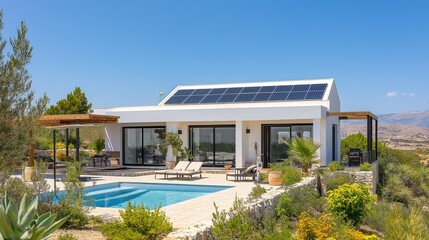 Fototapeta premium Cyprus Villa with Solar Panels on the Roof and Pool Surrounded by Lush Vegetation