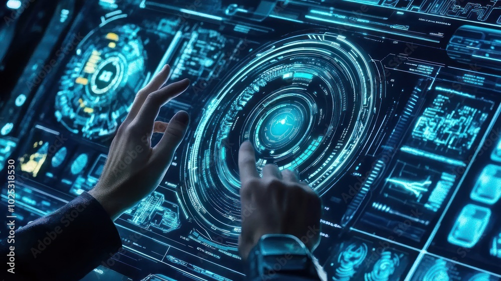 Aufkleber hands interacting with a futuristic digital interface