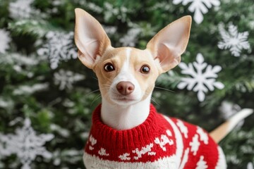 The playful dog with big ears wears a cozy red and white sweater, standing against a holiday-themed backdrop