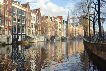 The water of a canal is reflecting the colorful houses lining the waterfront in amsterdam, netherlands