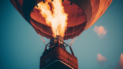 Obraz premium Close-up of a hot air balloon's burner system in action, large flame heating the air inside the balloon, clear sky with scattered clouds, dynamic moment