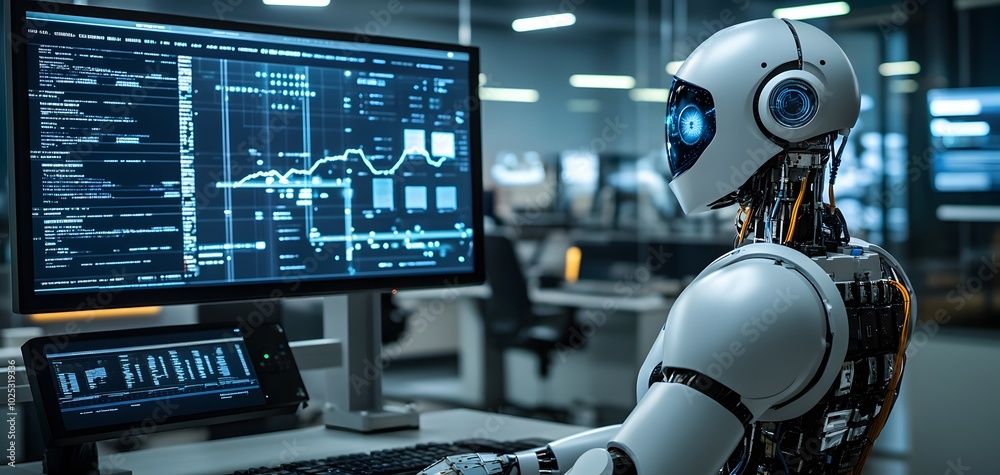Poster a futuristic robot analyzing data on a high-tech screen, illustrating the intersection of technology