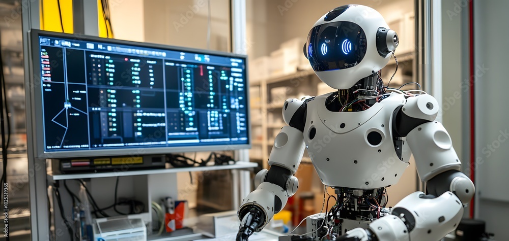 Poster a futuristic robot interacts with a digital display, showcasing advanced technology and artificial i