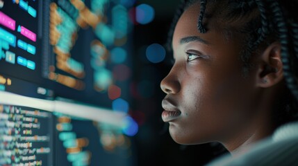 Software development with a female programmer analyzing code while working on UX or AI projects, highlighting aspects of technology and coding