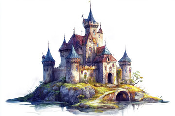 Historic Castle with Red Roofs and Stone Walls on an isolated white background