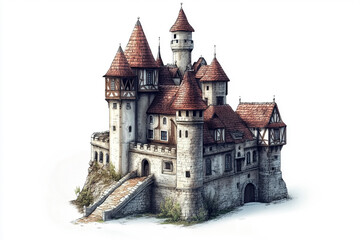 Fototapeta premium Historic Castle with Red Roofs and Stone Walls on an isolated white background