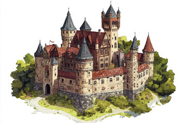 Obraz premium Historic Castle with Red Roofs and Stone Walls on an isolated white background