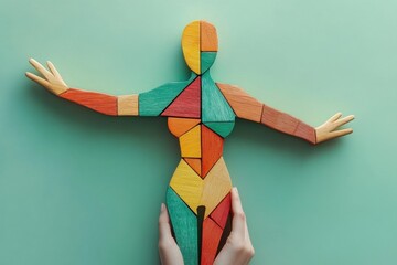 A hand building a person from wooden blocks. Career development and hiring recruitment concept
