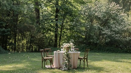 Outdoor wedding table in middle of grassy field
