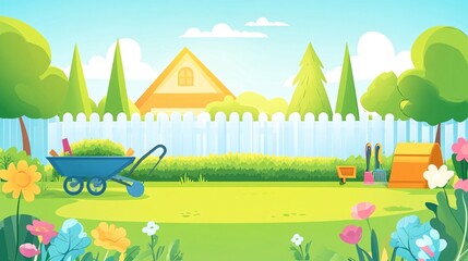 A cartoon illustration of a beautiful backyard with a white picket fence, a wheelbarrow, gardening tools, a doghouse, and a house in the background. Generative ai