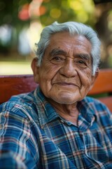 Portrait of a cheerful elderly man relaxing on a bench in a garden, embodying wellness, confidence, and gratitude during retirement