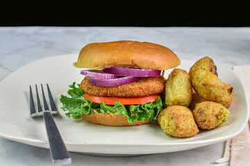 chicken patty sandwich  with broccoli fries