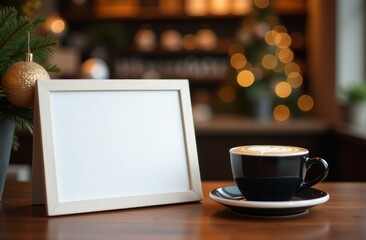 A black cup of coffee on the counter in a coffee shop, next to a white sign, mock up, copy space