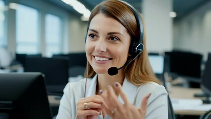 A cheerful call center agent wearing a headset, smiling and interacting professionally with a customer in a bright office. Positive customer service experience emphasized. - Powered by Adobe
