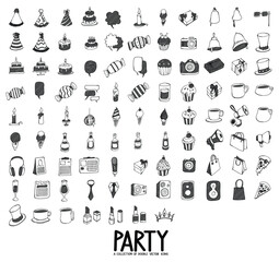 Party Related Doodle vector icon set. Drawing sketch illustration hand drawn line eps10