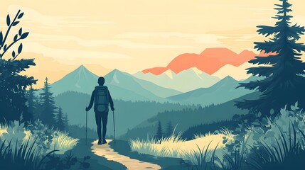 A lone hiker with a backpack facing the mountain range in the distance