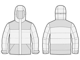 Hooded down winter jacket technical CAD fashion illustration front and back views  © 212069668