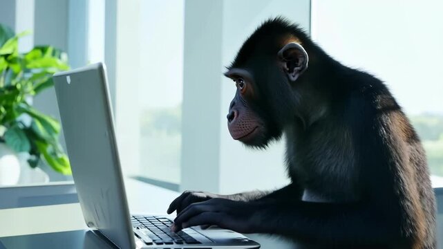 A monkey sits in front of a laptop, appearing focused as if working or studying. The humorous juxtaposition of the animal and technology suggests a clever or playful narrative.