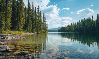 Fototapeta premium Landscape of lake shoreline with trees to shallow water