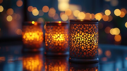 Personalized candle holders with intricate designs, softly glowing