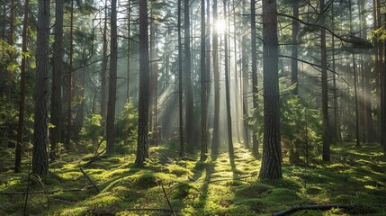 Obraz premium Tack-sharp capture of an ancient pine forest, sunbeams, forest floor detail,