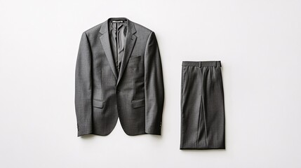 A dark grey suit jacket and matching trousers are laid out on a white surface. Generative ai