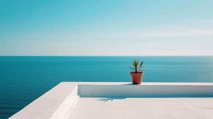 Tack-sharp photo of a simplistic balcony, single plant pot, ocean view,