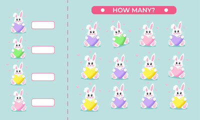 Math kids activity sheet. Count how many colorful kawaii bunny with hearts. Vector illustration of education counting game for preschool children. Mini math game how many kawaii bunny