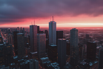 Obraz premium A bustling cityscape at twilight with illuminated skyscrapers