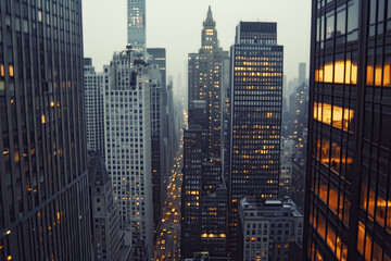 A bustling cityscape at twilight with illuminated skyscrapers