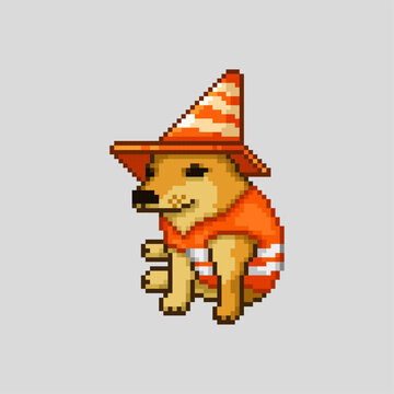 Dog with traffic cone, pixel art meme