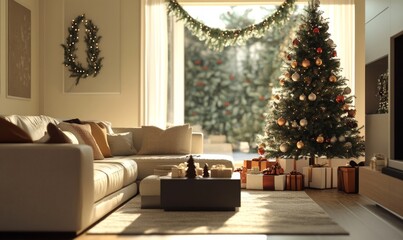 Living room with modern Christmas decor, including a sleek tree, geometric ornaments, and minimalist garlands