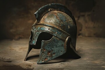 Ancient spartan helmet is resting on a stone surface, showing the wear and tear of battle