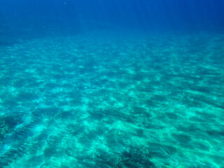 Dark blue ocean surface seen from underwater. Abstract waves underwater and rays of sunlight shining through, Sun light rays undersea deep, Underwater background with sea bottom, Mediterranean sea.