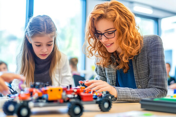 Fototapeta premium A classroom filled with eager students engaging in hands-on learning experiences that encourage creativity, critical thinking, and problem-solving skills essential for driving innovation in the future