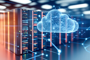 A cloud computing environment with virtual servers floating in cyberspace, illustrating the flexibility and scalability of IT resources in the cloud era