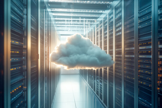 A cloud computing environment with virtual servers floating in cyberspace, illustrating the flexibility and scalability of IT resources in the cloud era - Powered by Adobe