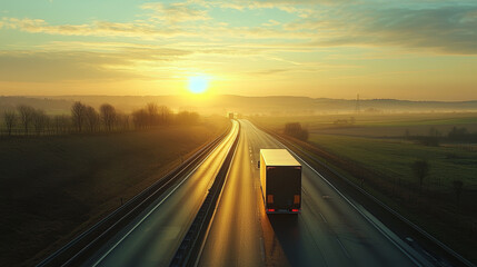 Obraz premium A large transportation truck traveling along a highway through the countryside at sunset.