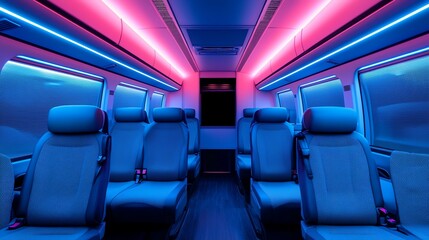 Futuristic interior of a luxury transport vehicle with neon lighting.