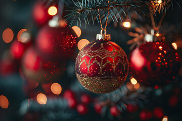 Red and Gold Ornaments on a Tree