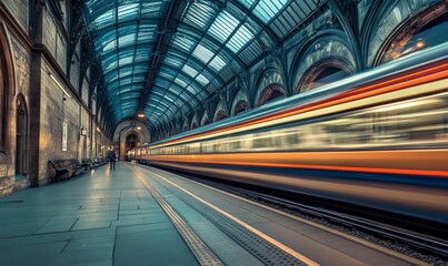 Long exposure showing blur of train going through station